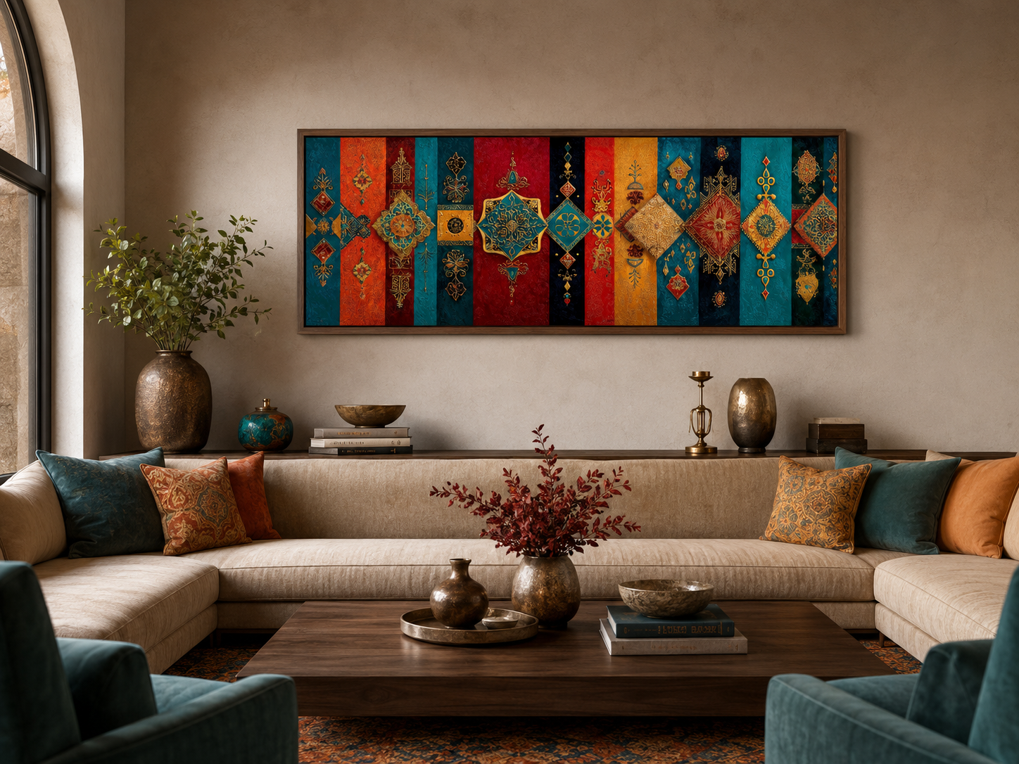 Boho Moroccan Long Horizontal Colorful Geometric Wall Art