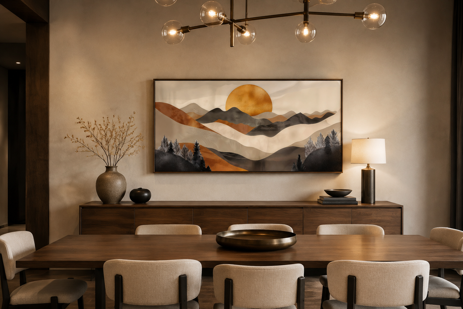 Boho Mountain And Sun Brown Beige Earth Tones Framed Canvas Wall Art