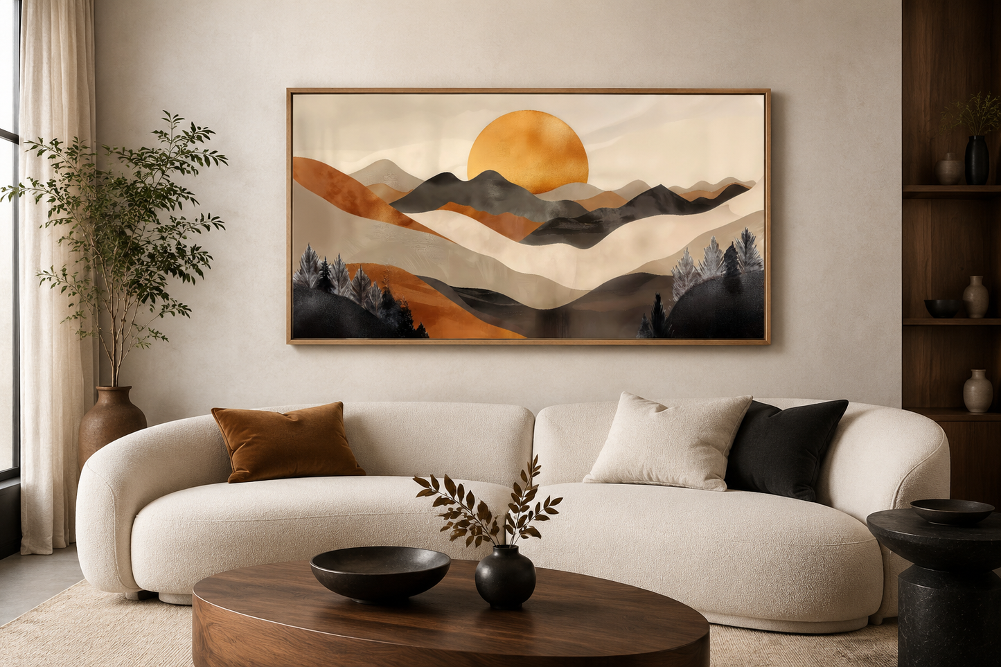 Boho Mountain And Sun Brown Beige Earth Tones Framed Canvas Wall Art