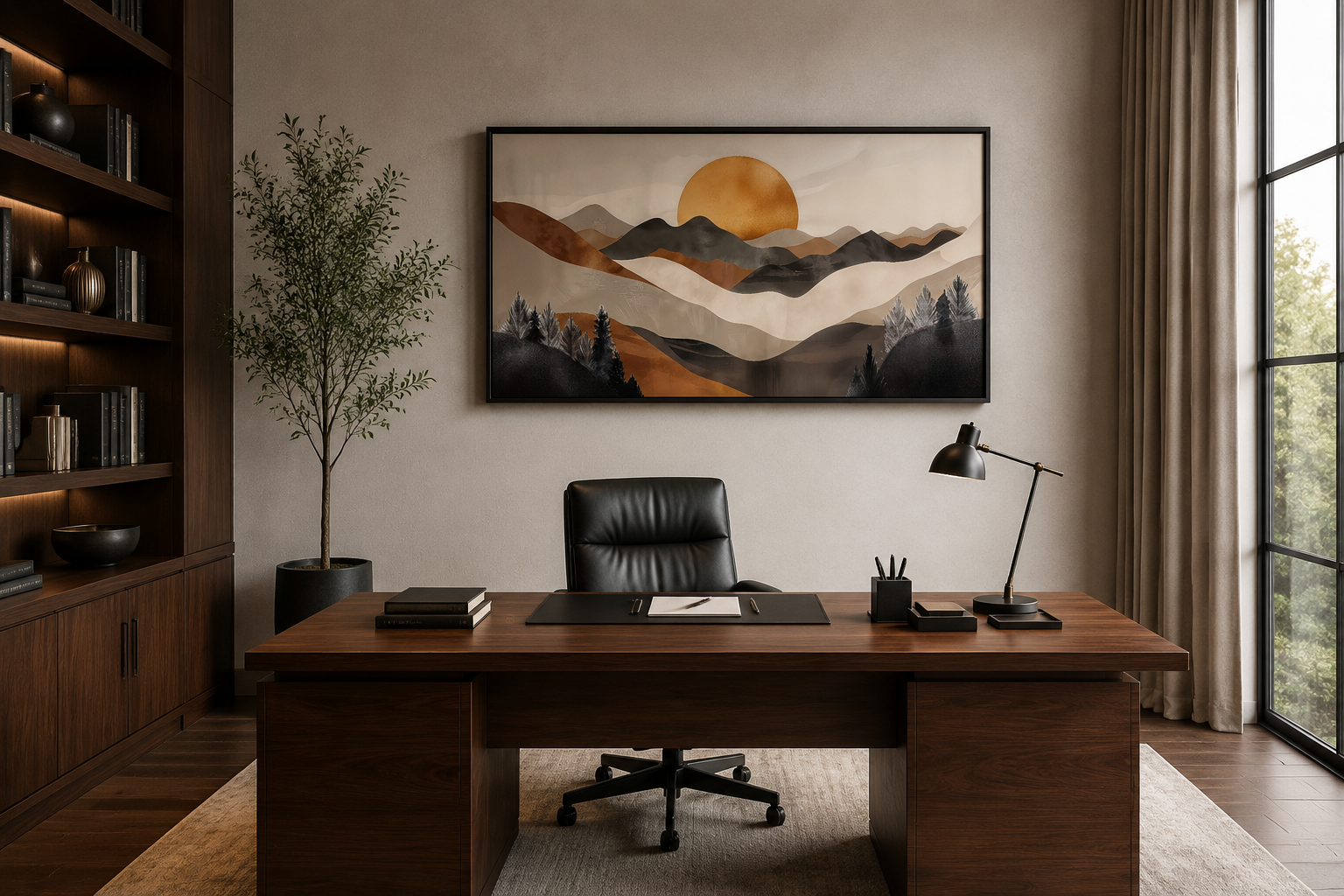 Boho Mountain And Sun Brown Beige Earth Tones Framed Canvas Wall Art