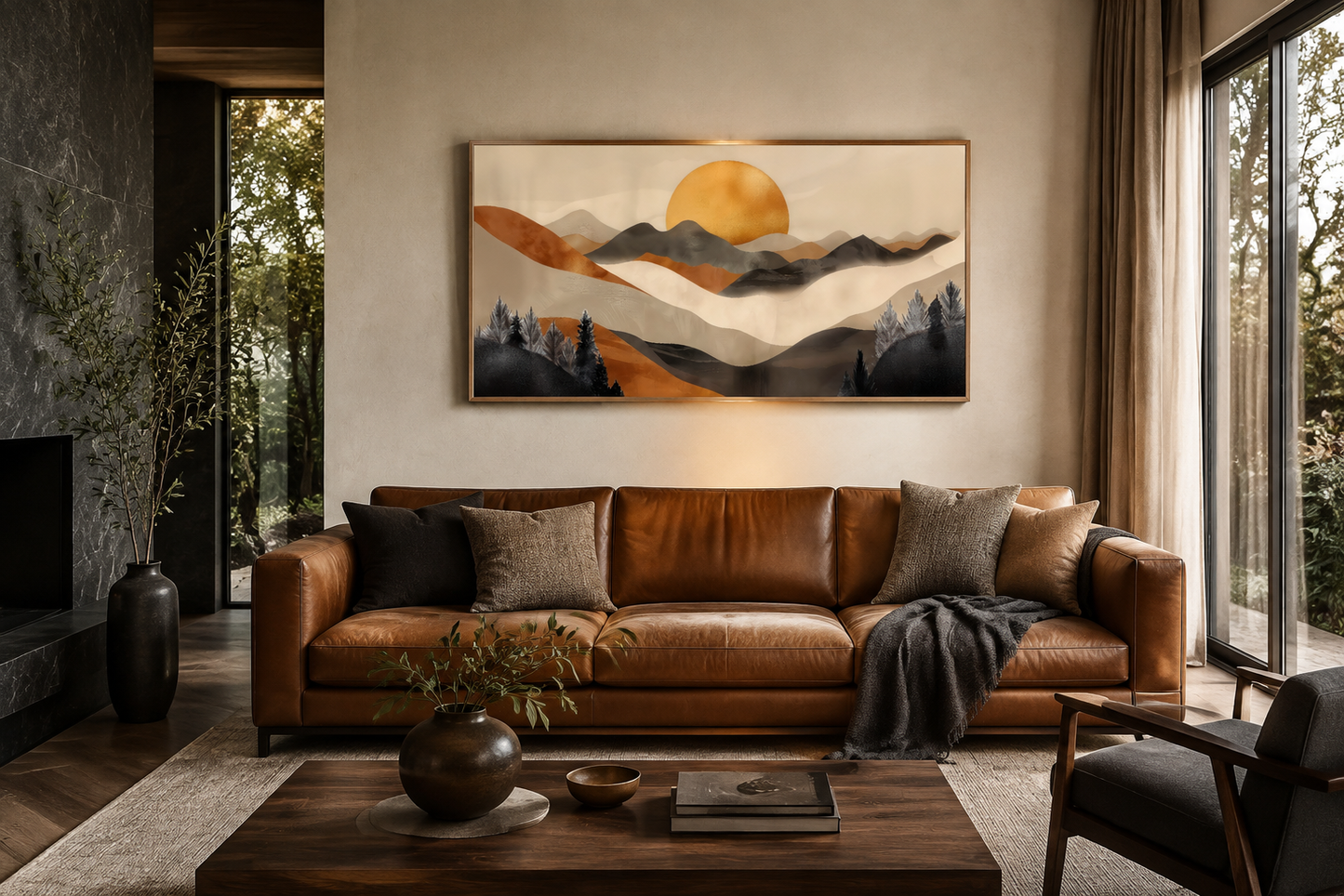 Boho Mountain And Sun Brown Beige Earth Tones Framed Canvas Wall Art