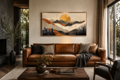 Boho Mountain And Sun Brown Beige Earth Tones Framed Canvas Wall Art