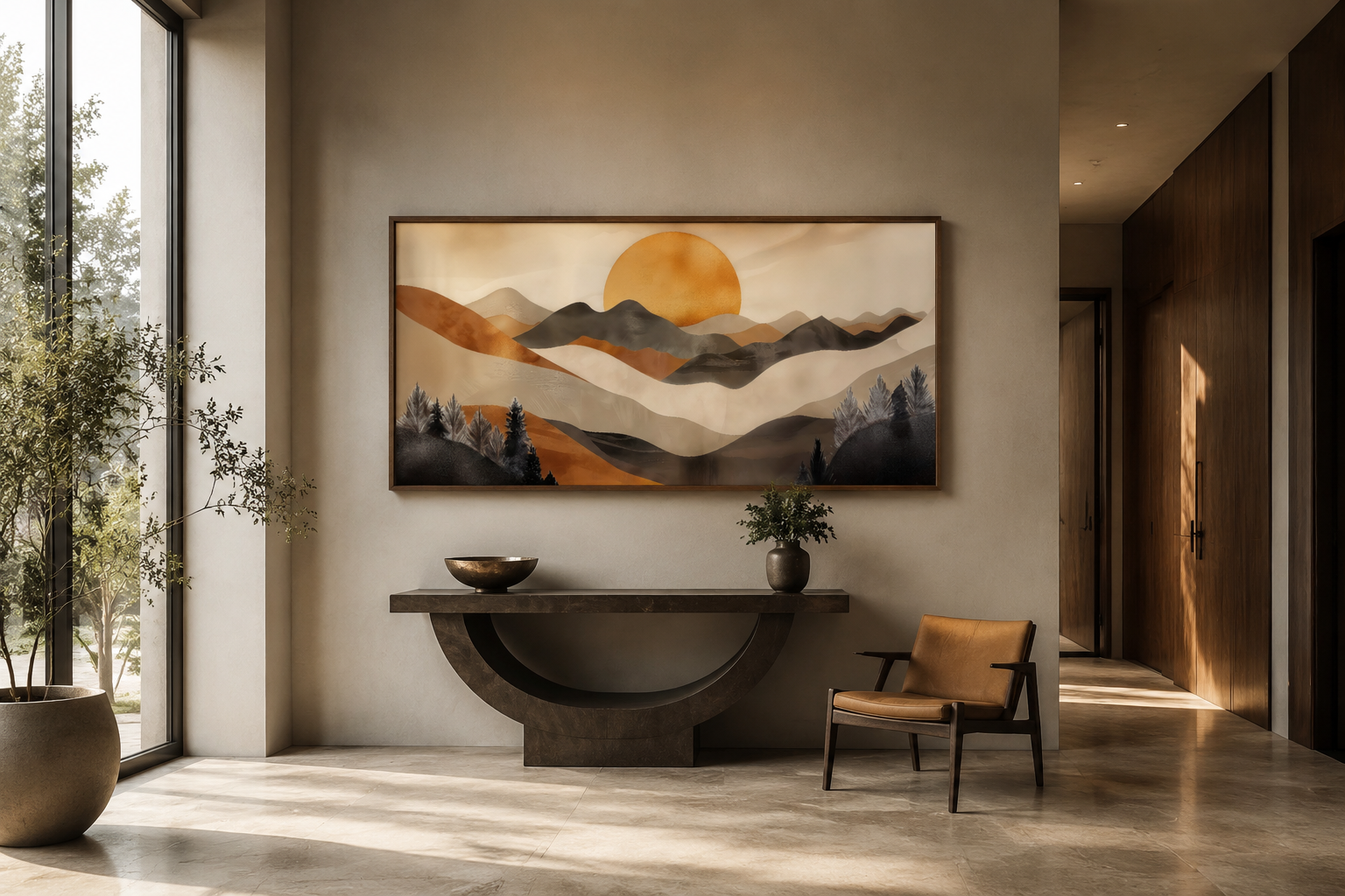 Boho Mountain And Sun Brown Beige Earth Tones Framed Canvas Wall Art
