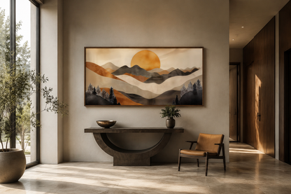 Boho Mountain And Sun Brown Beige Earth Tones Framed Canvas Wall Art