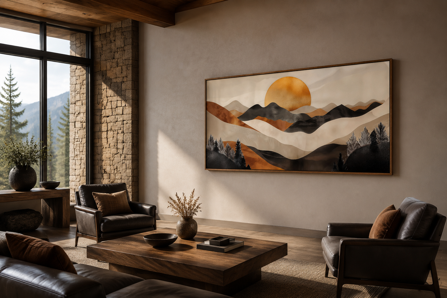 Boho Mountain And Sun Brown Beige Earth Tones Framed Canvas Wall Art