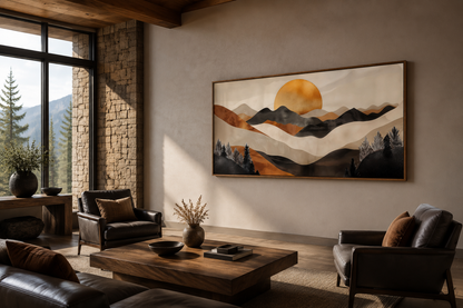 Boho Mountain And Sun Brown Beige Earth Tones Framed Canvas Wall Art
