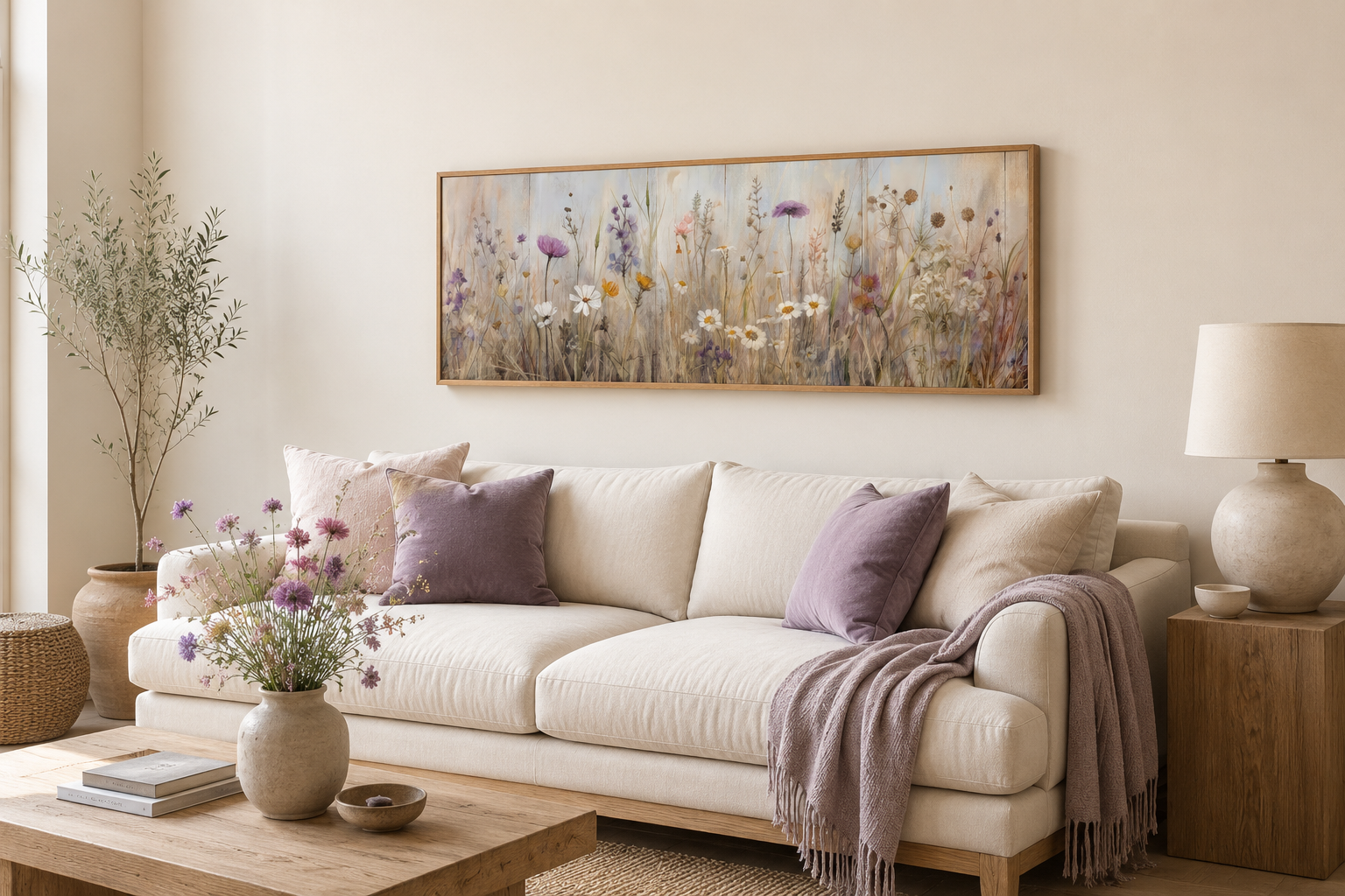 Farmhouse Style Neutral Wildflowers Field Horizontal Framed Canvas Wall Art