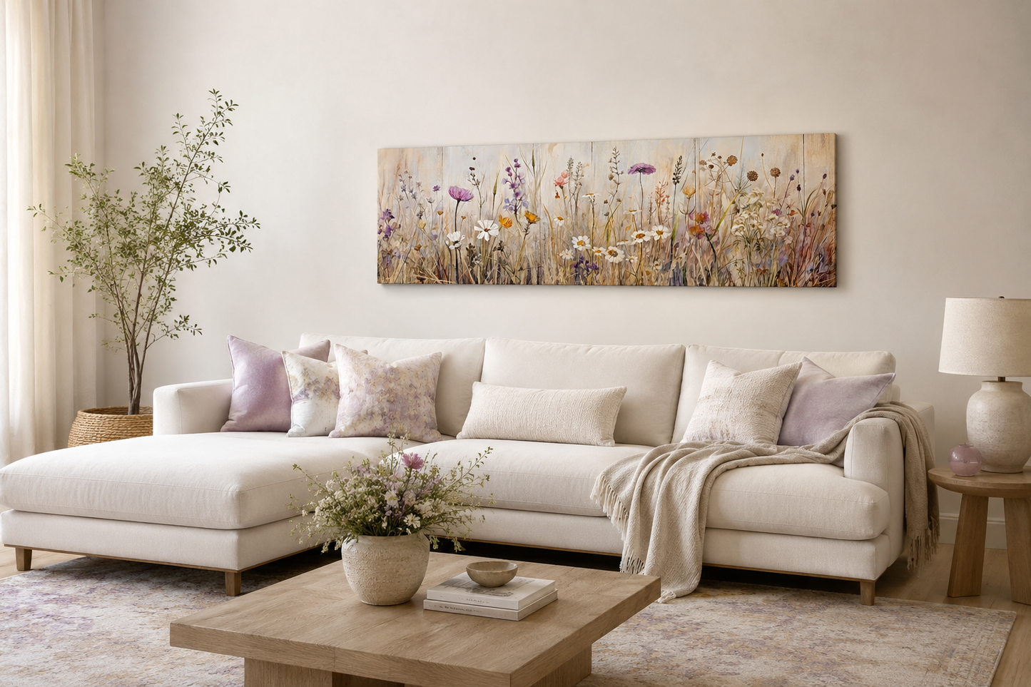 Farmhouse Style Neutral Wildflowers Field Horizontal Framed Canvas Wall Art