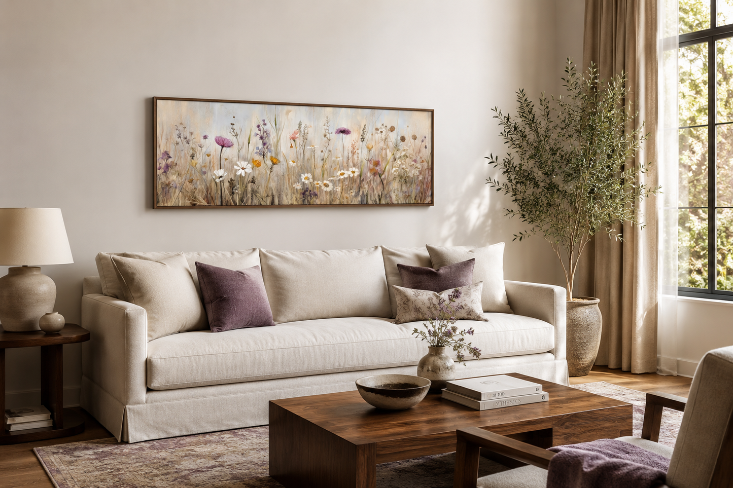 Farmhouse Style Neutral Wildflowers Field Horizontal Framed Canvas Wall Art
