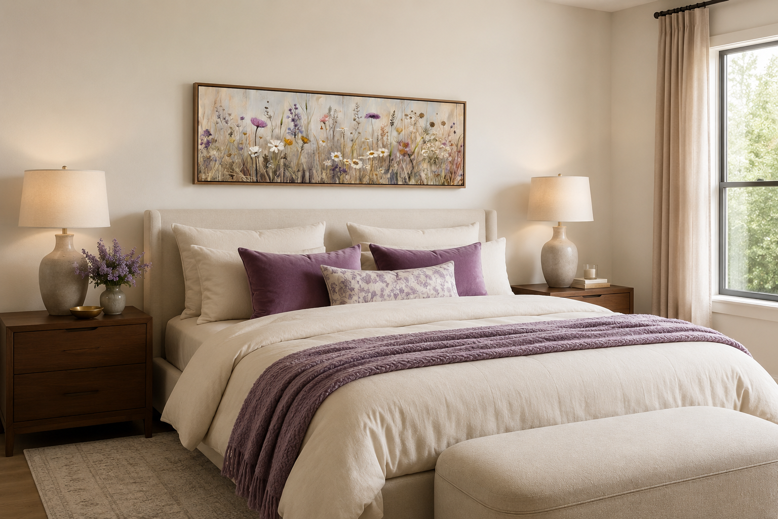 Farmhouse Style Neutral Wildflowers Field Horizontal Framed Canvas Wall Art