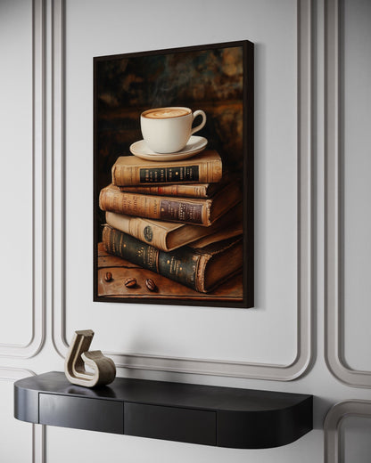 Books And Coffee Framed Canvas Wall Art For Library Decor