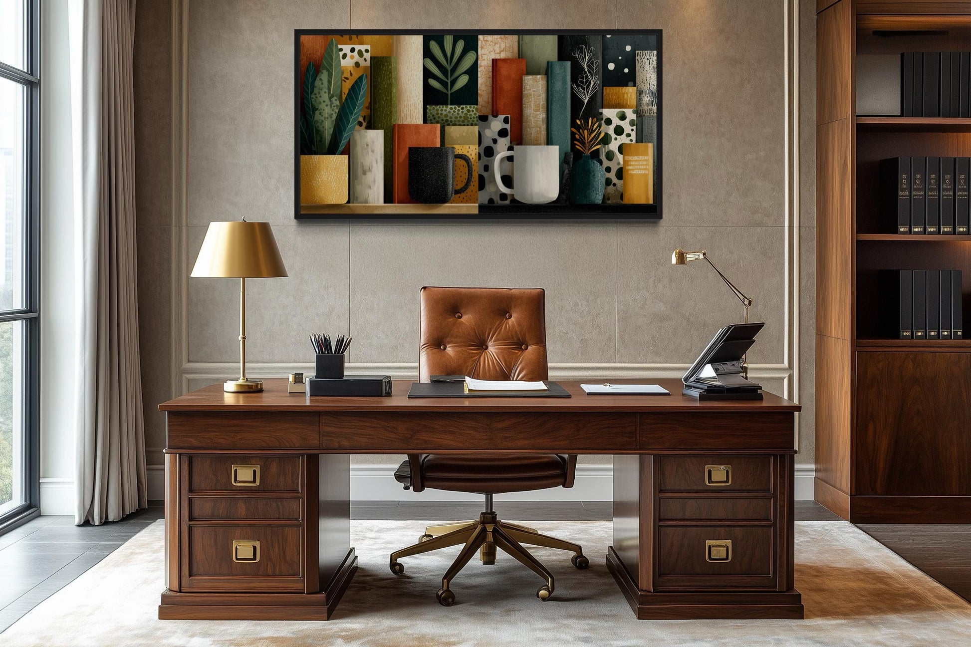 Books And Coffee Mugs Abstract Library Wall Decor Canvas Wall Art