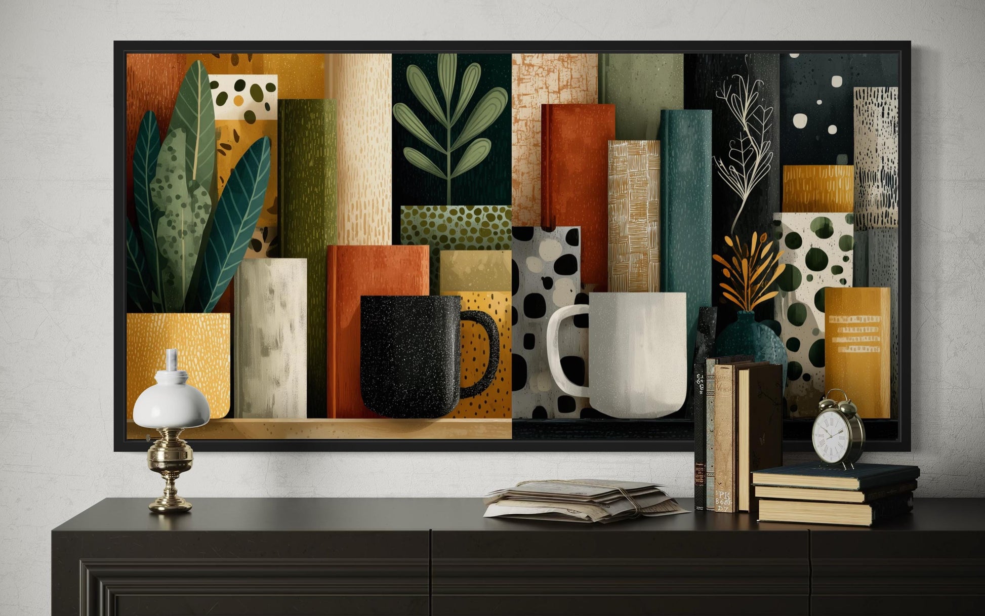 Books And Coffee Mugs Abstract Library Wall Decor Canvas Wall Art