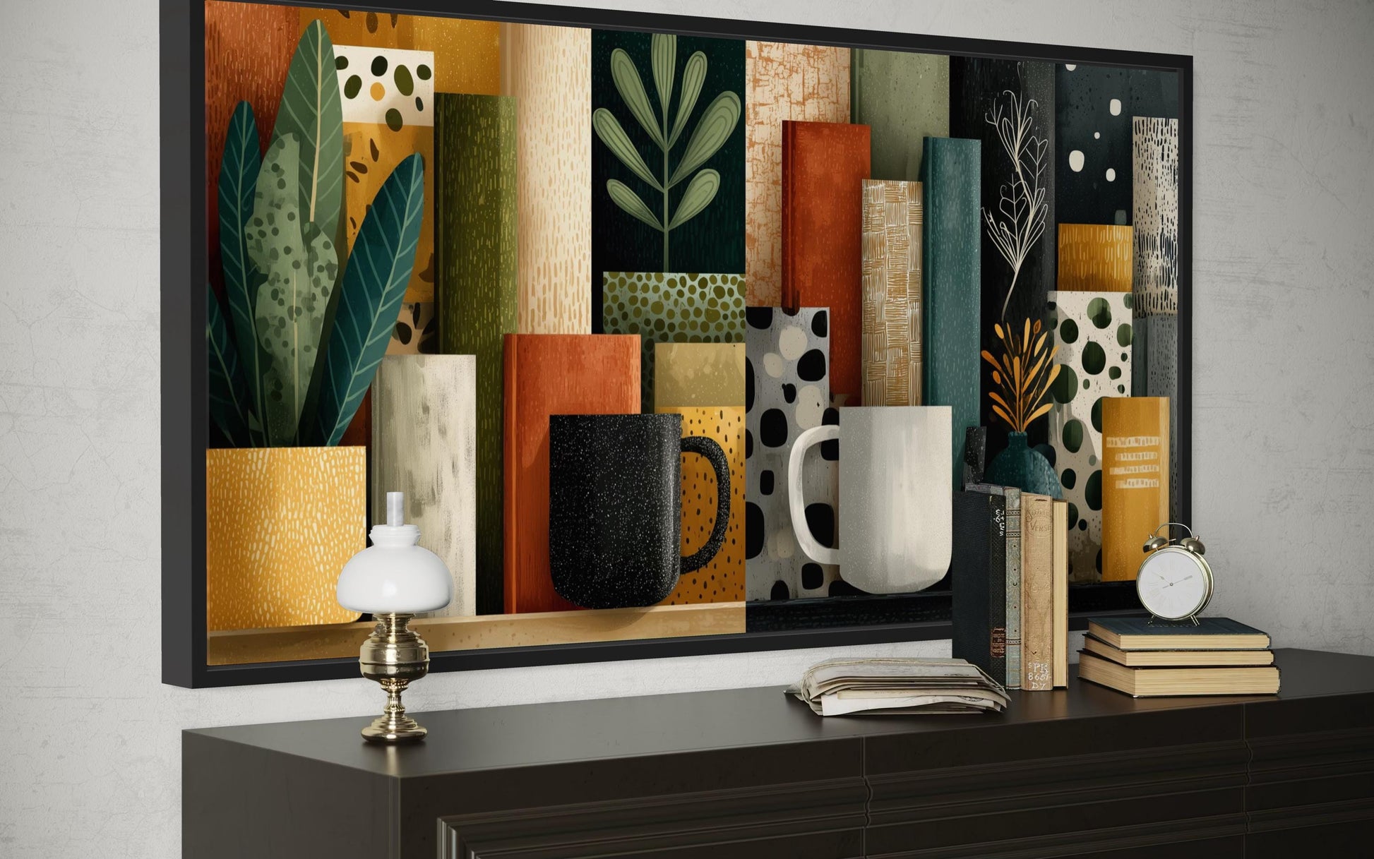 Books And Coffee Mugs Abstract Library Wall Decor Canvas Wall Art