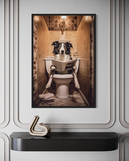Border Collie Dog On The Toilet Reading Newspaper Picture Canvas Wall Art