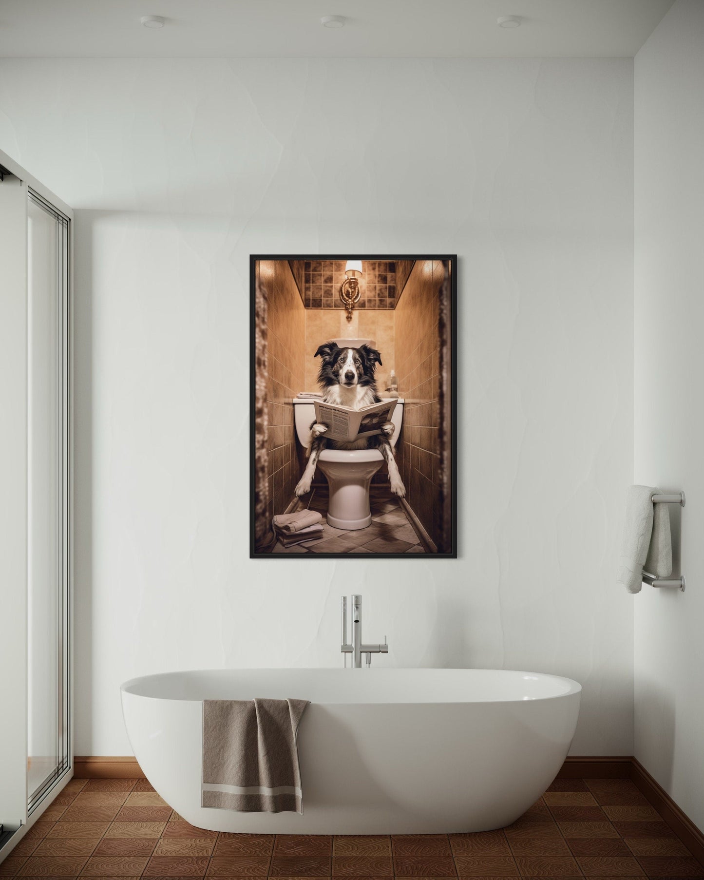 Border Collie Dog On The Toilet Reading Newspaper Picture Canvas Wall Art