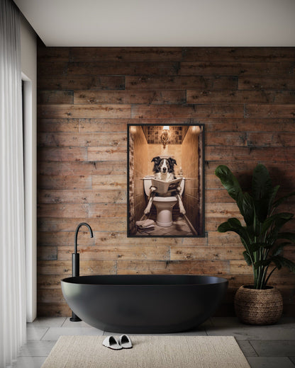 Border Collie Dog On The Toilet Reading Newspaper Picture Canvas Wall Art