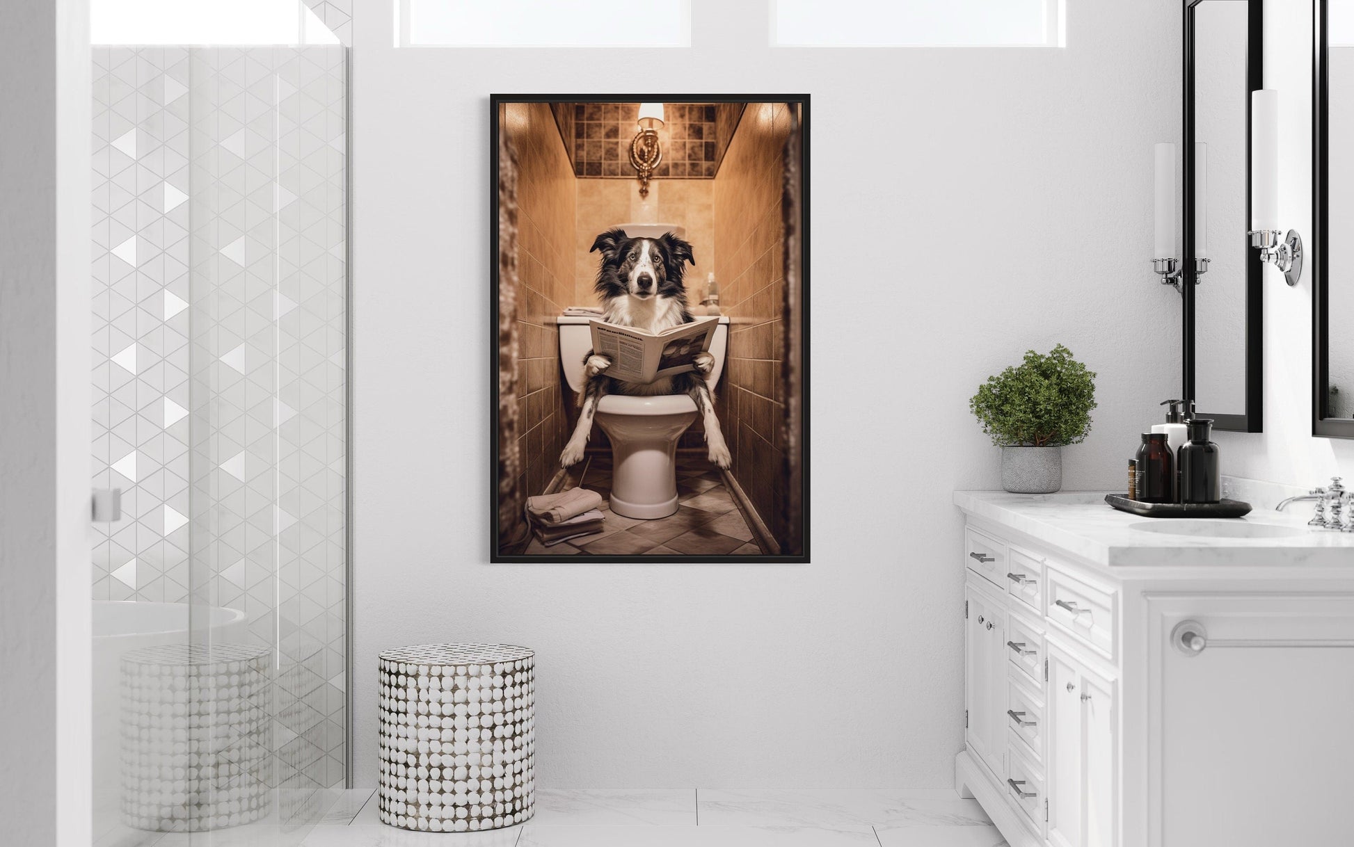 Border Collie Dog On The Toilet Reading Newspaper Picture Canvas Wall Art