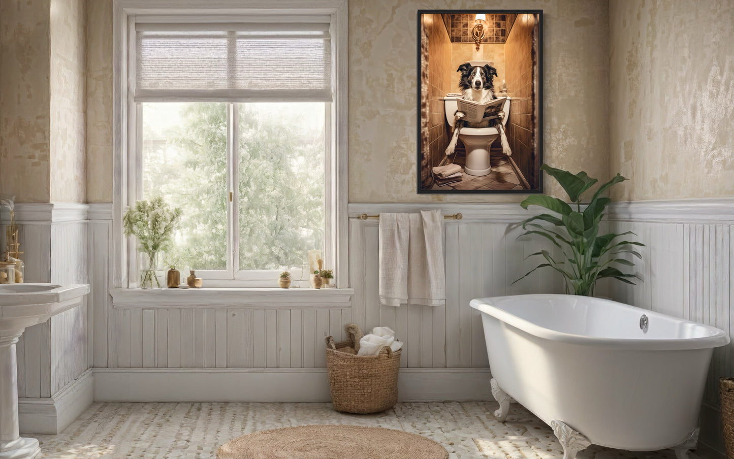 Border Collie Dog On The Toilet Reading Newspaper Picture Canvas Wall Art