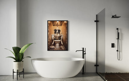 Border Collie Dog On The Toilet Reading Newspaper Picture Canvas Wall Art