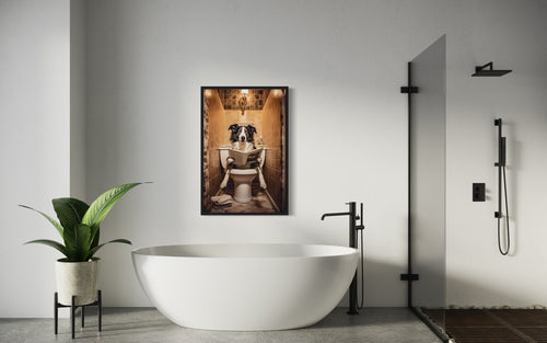 Border Collie Dog On The Toilet Reading Newspaper Picture Canvas Wall Art