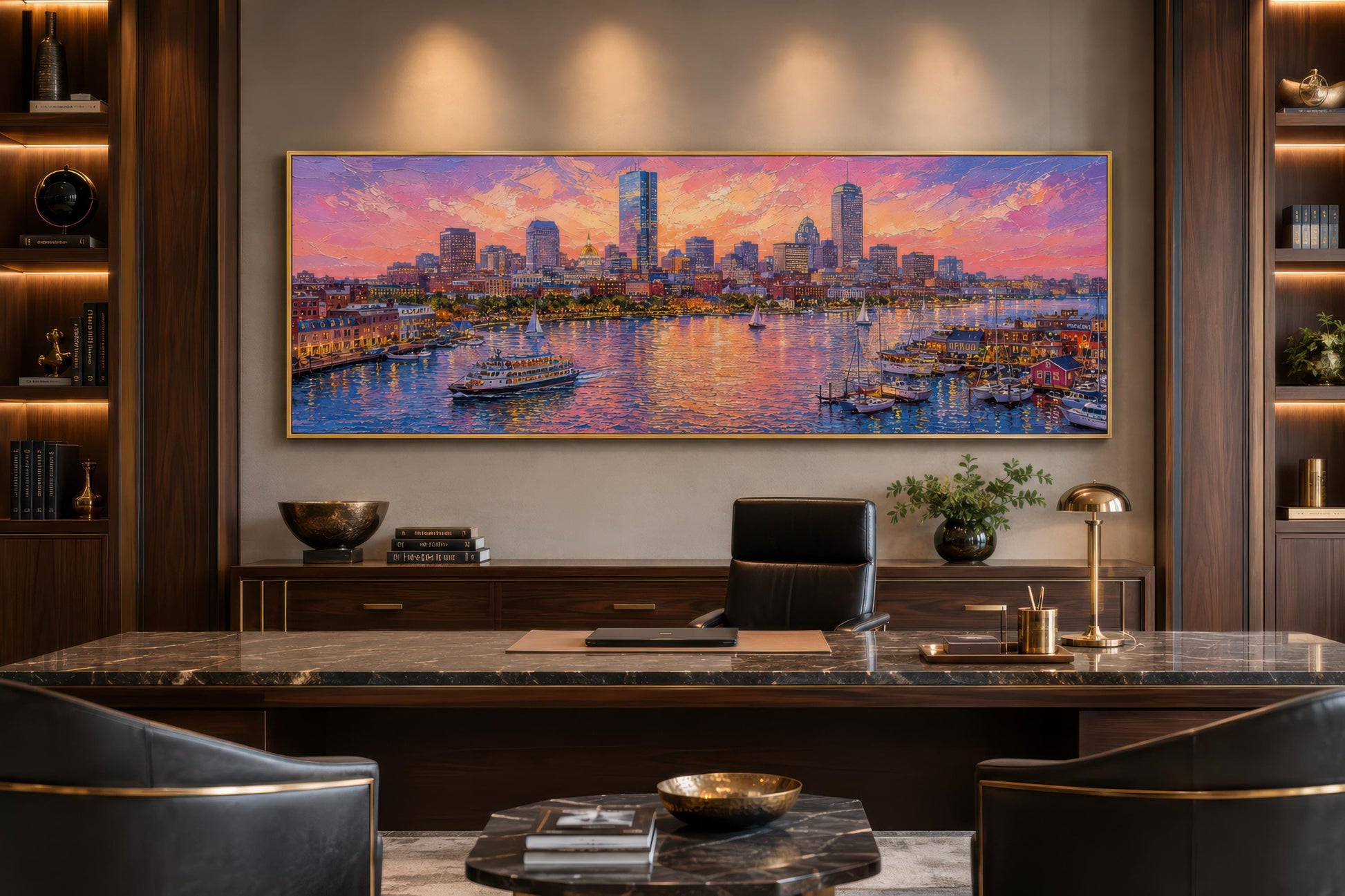 Boston City Skyline Art – Long Horizontal Canvas Print | Sunset Cityscape Decor