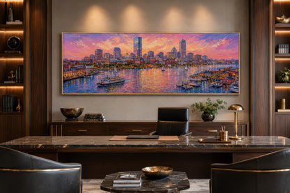 Boston City Skyline Art – Long Horizontal Canvas Print | Sunset Cityscape Decor