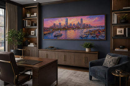 Boston City Skyline Art – Long Horizontal Canvas Print | Sunset Cityscape Decor