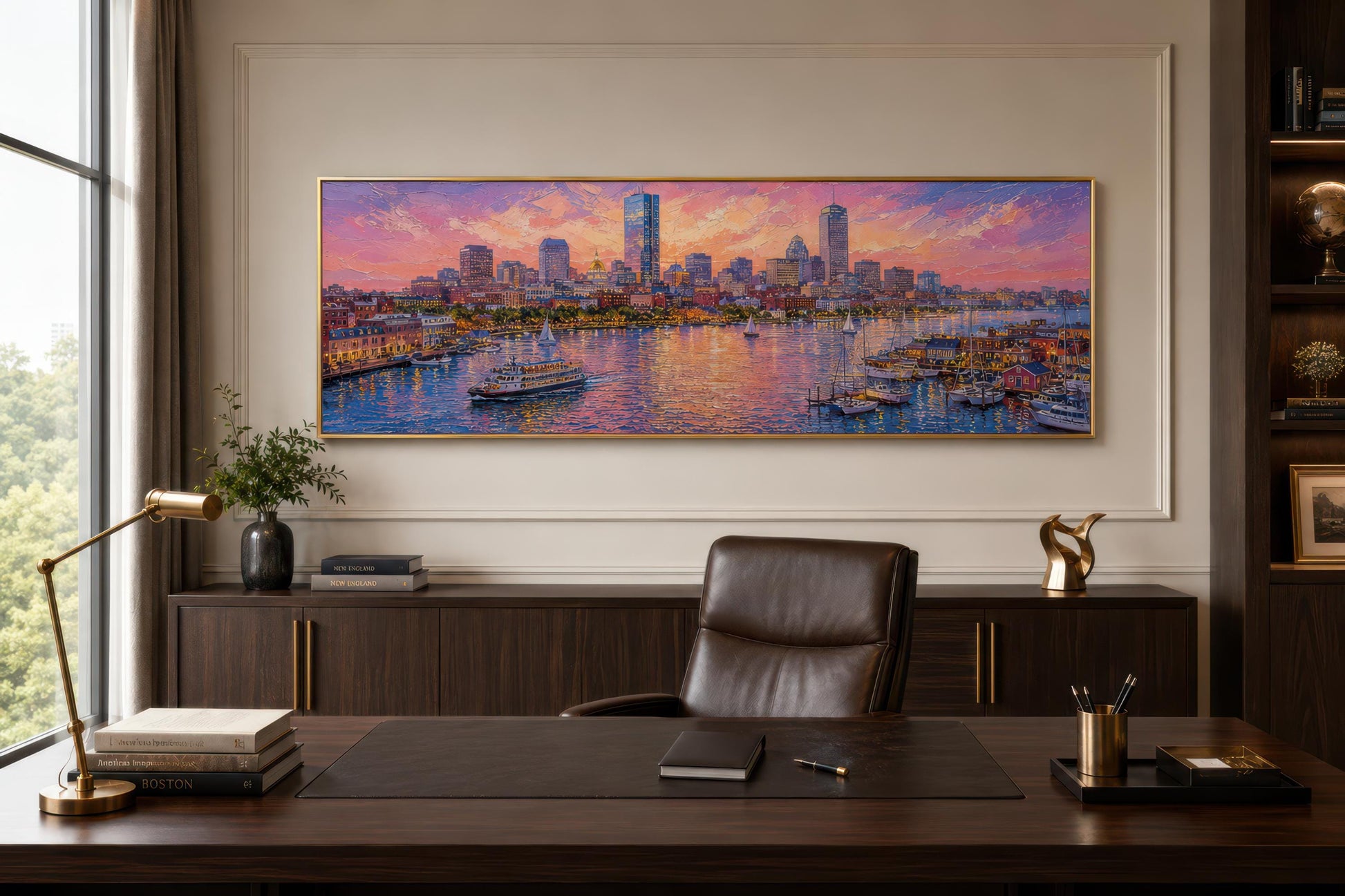 Boston City Skyline Art – Long Horizontal Canvas Print | Sunset Cityscape Decor