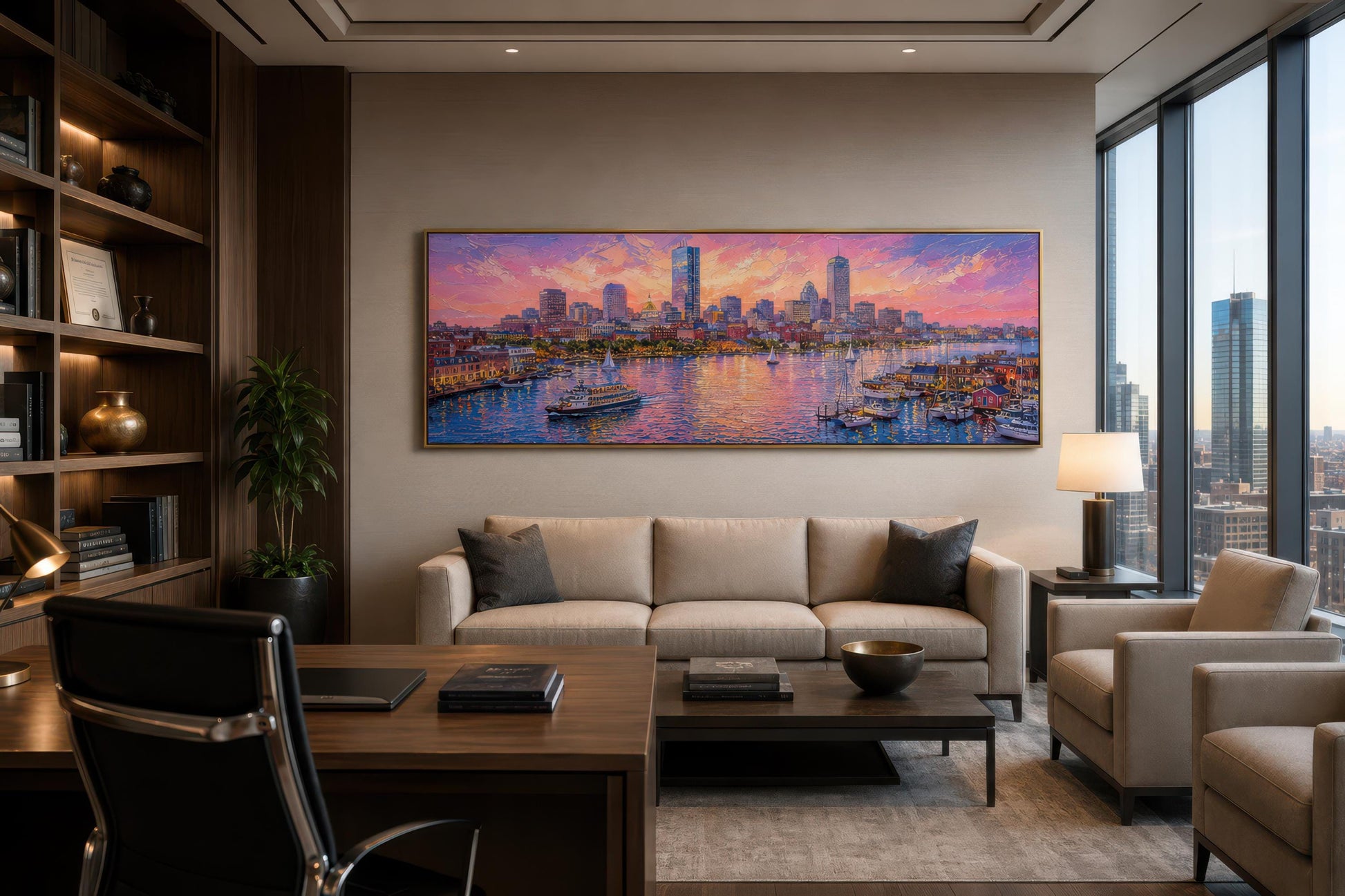 Boston City Skyline Art – Long Horizontal Canvas Print | Sunset Cityscape Decor