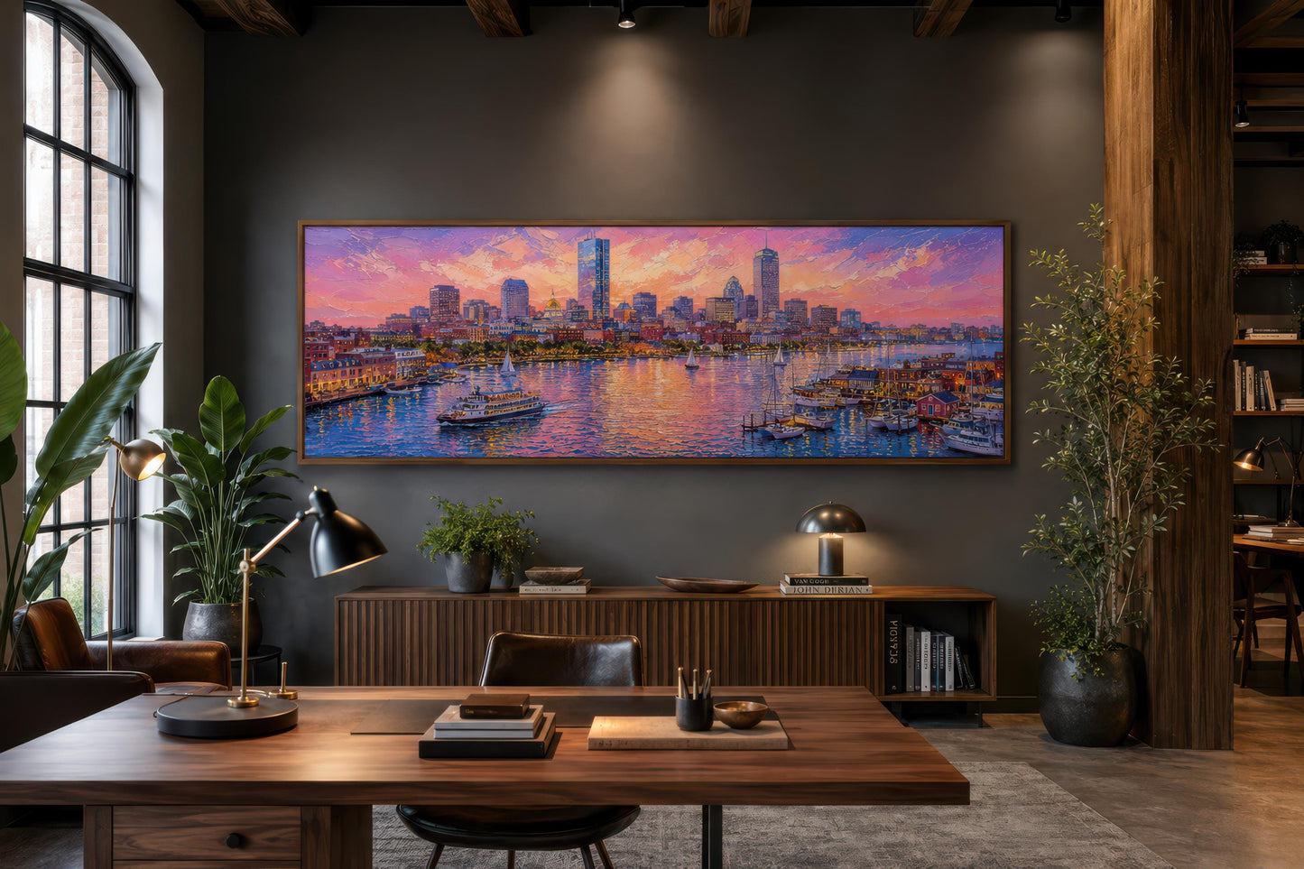 Boston City Skyline Art – Long Horizontal Canvas Print | Sunset Cityscape Decor