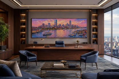 Boston City Skyline Art – Long Horizontal Canvas Print | Sunset Cityscape Decor