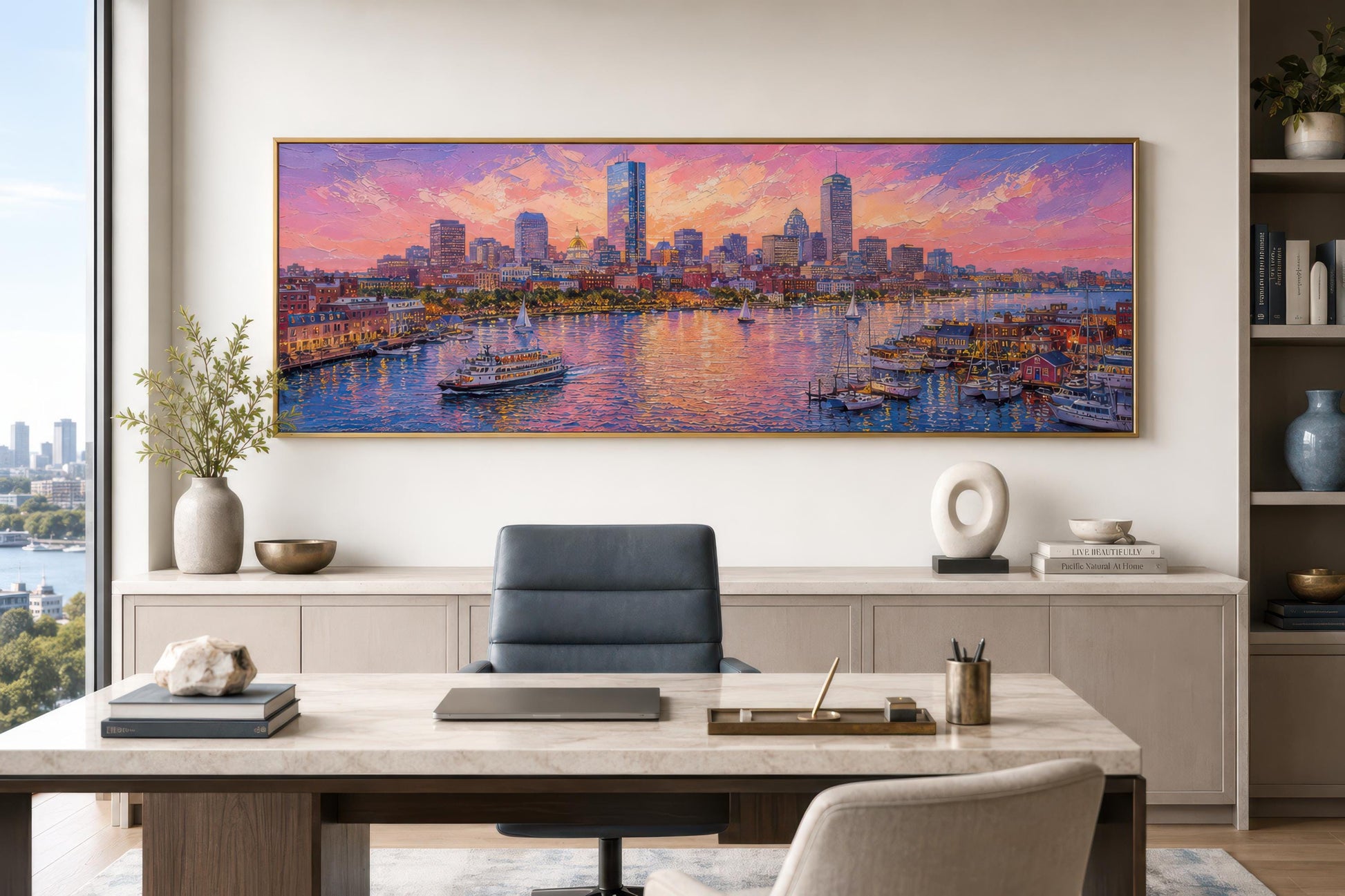 Boston City Skyline Art – Long Horizontal Canvas Print | Sunset Cityscape Decor