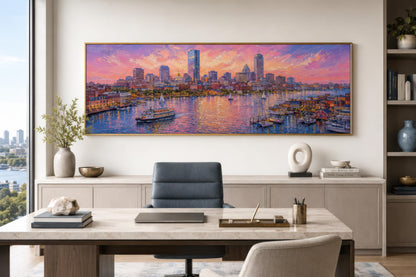 Boston City Skyline Art – Long Horizontal Canvas Print | Sunset Cityscape Decor