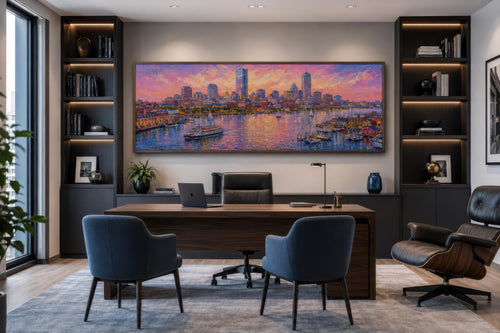 Boston City Skyline Art – Long Horizontal Canvas Print | Sunset Cityscape Decor