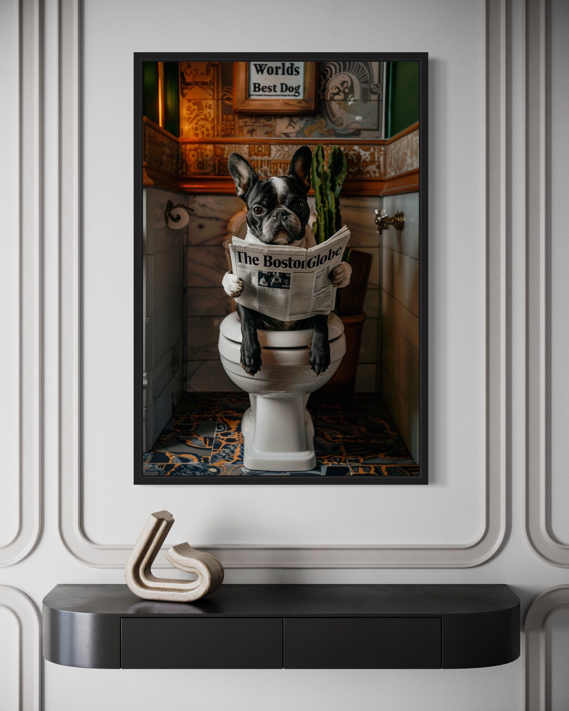 Boston Terrier On Toilet Reading Newspaper Picture Canvas Wall Art