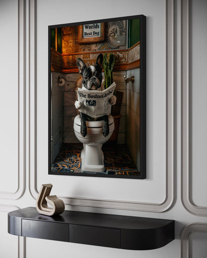 Boston Terrier On Toilet Reading Newspaper Picture Canvas Wall Art