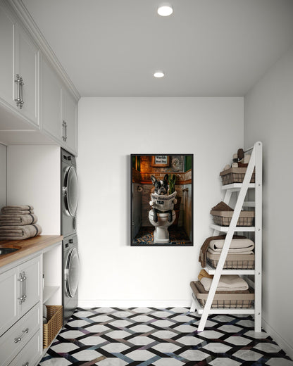 Boston Terrier On Toilet Reading Newspaper Picture Canvas Wall Art