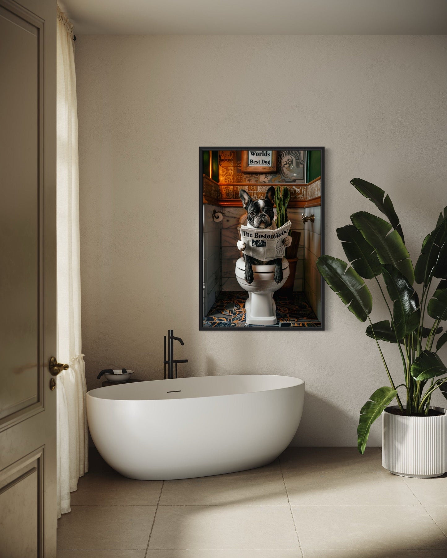 Boston Terrier On Toilet Reading Newspaper Picture Canvas Wall Art