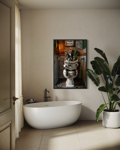 Boston Terrier On Toilet Reading Newspaper Picture Canvas Wall Art