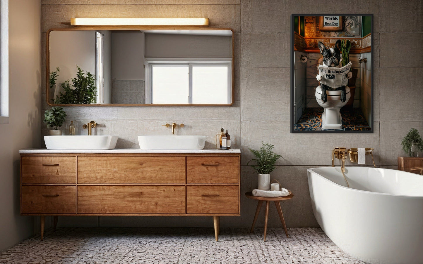 Boston Terrier On Toilet Reading Newspaper Picture Canvas Wall Art