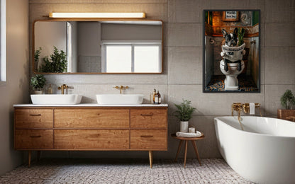 Boston Terrier On Toilet Reading Newspaper Picture Canvas Wall Art