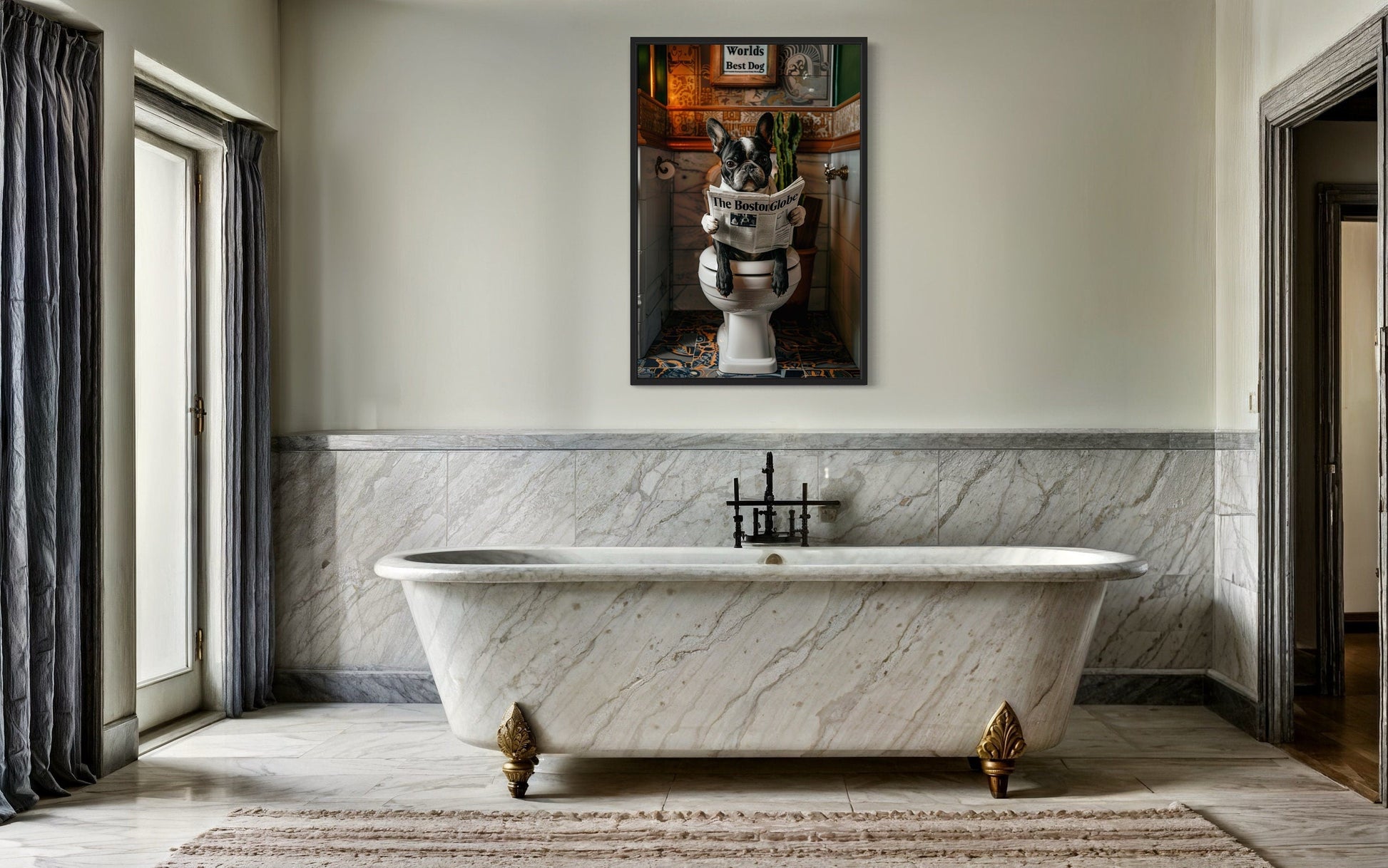 Boston Terrier On Toilet Reading Newspaper Picture Canvas Wall Art