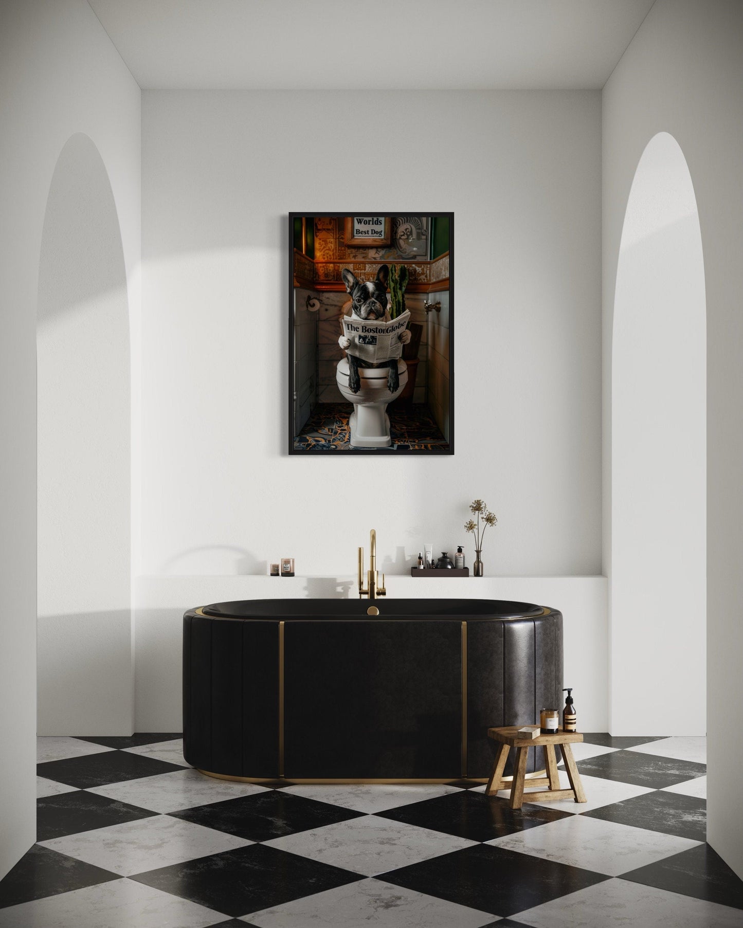 Boston Terrier On Toilet Reading Newspaper Picture Canvas Wall Art
