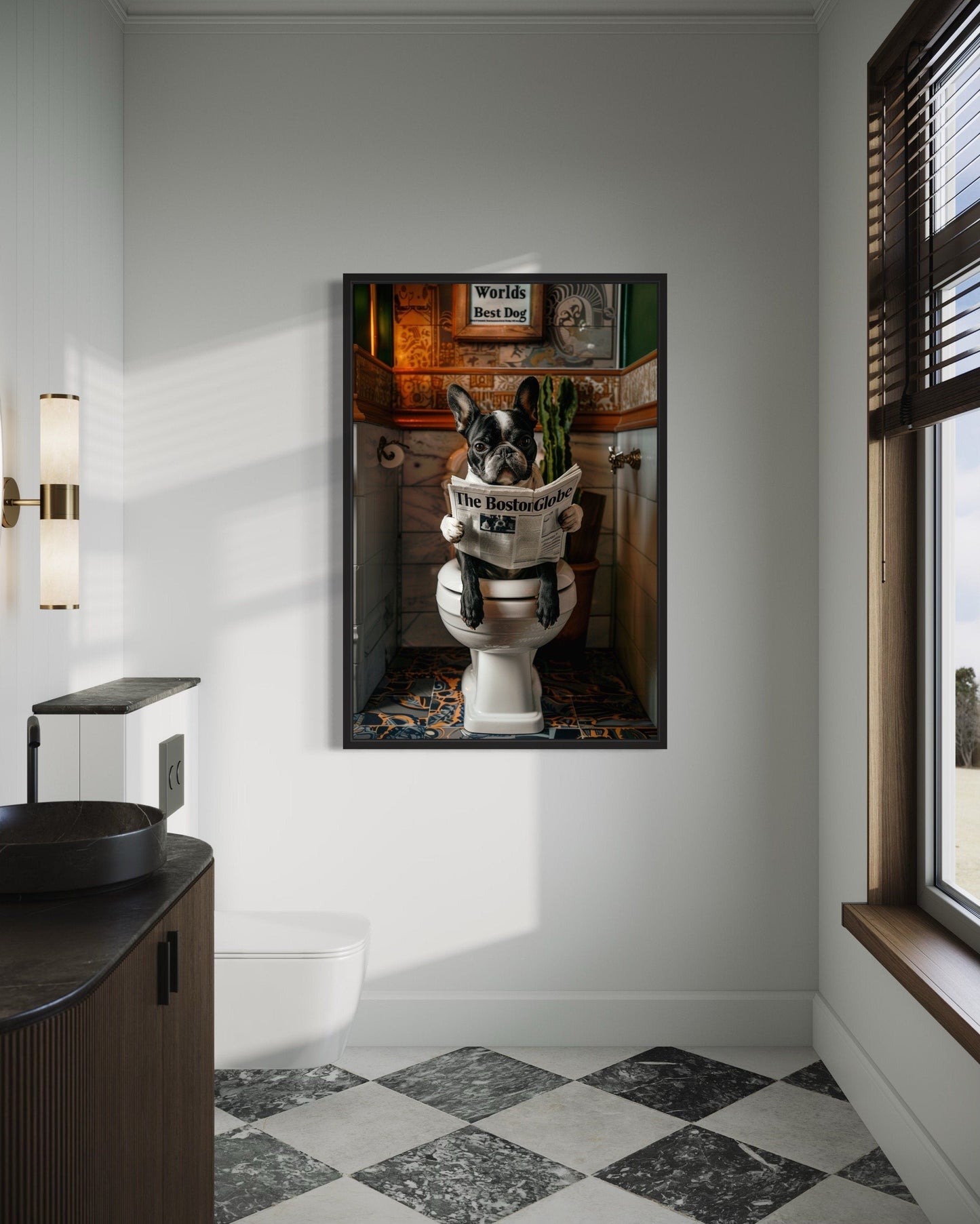Boston Terrier On Toilet Reading Newspaper Picture Canvas Wall Art