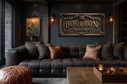 Bourbon Room Wall Art - Whiskey Bar Sign Canvas Print | Rustic Man Cave Decor