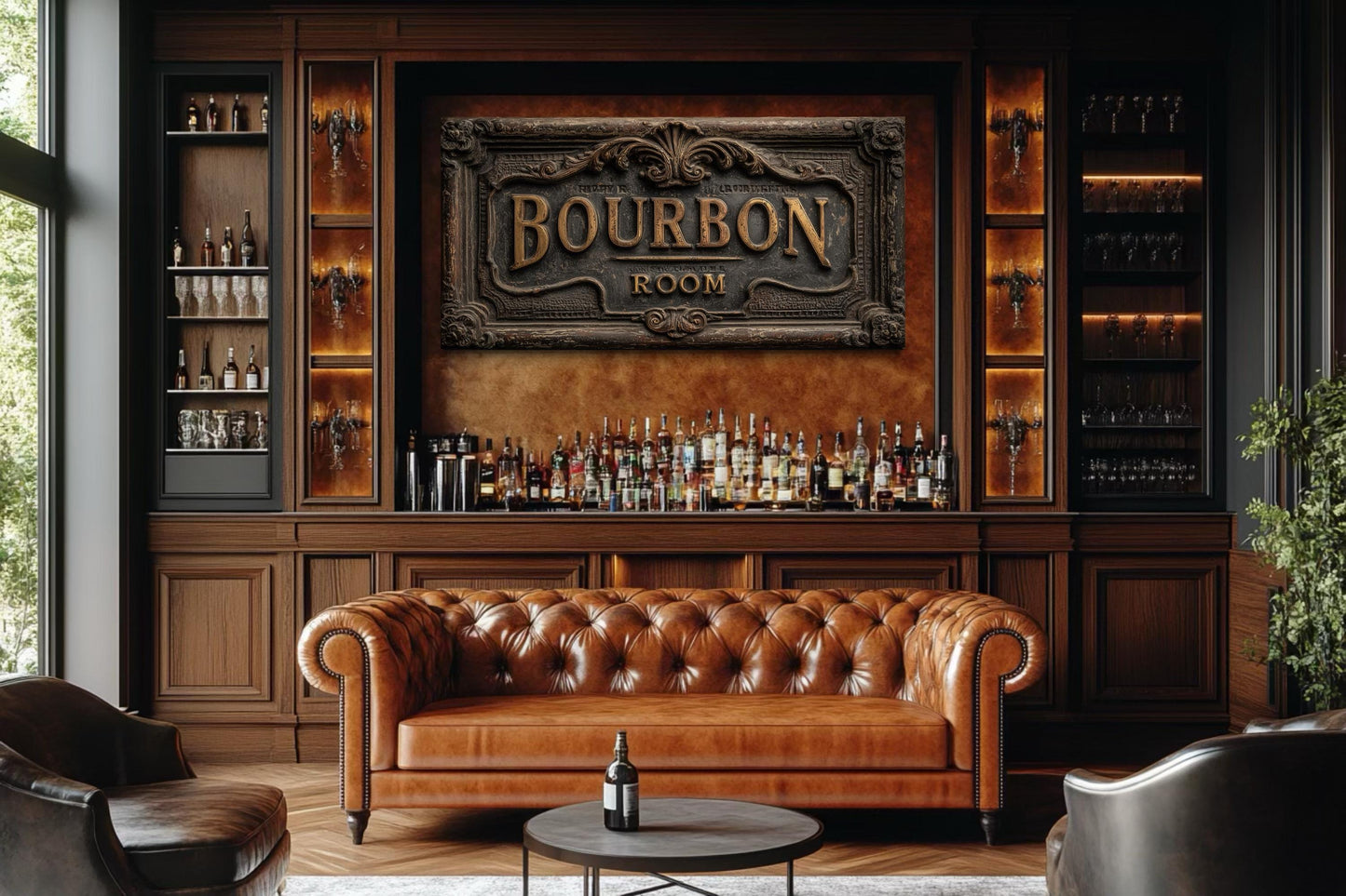 Bourbon Room Wall Art - Whiskey Bar Sign Canvas Print | Rustic Man Cave Decor