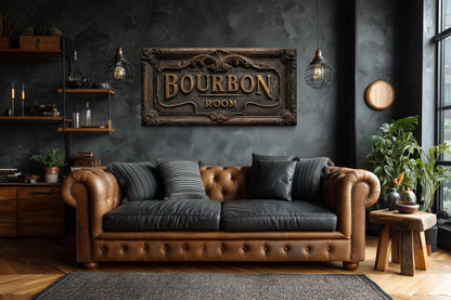 Bourbon Room Wall Art - Whiskey Bar Sign Canvas Print | Rustic Man Cave Decor