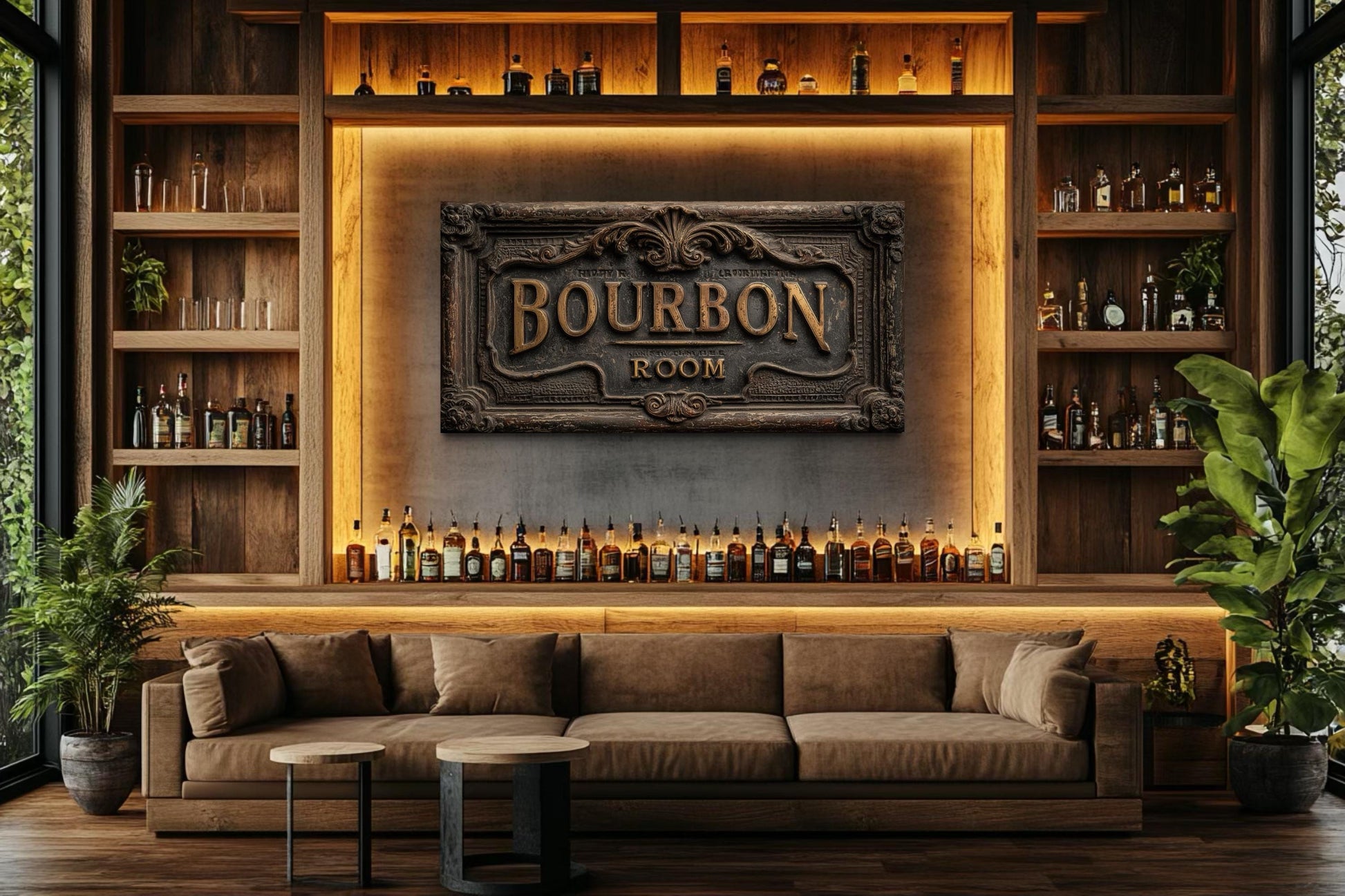 Bourbon Room Wall Art - Whiskey Bar Sign Canvas Print | Rustic Man Cave Decor