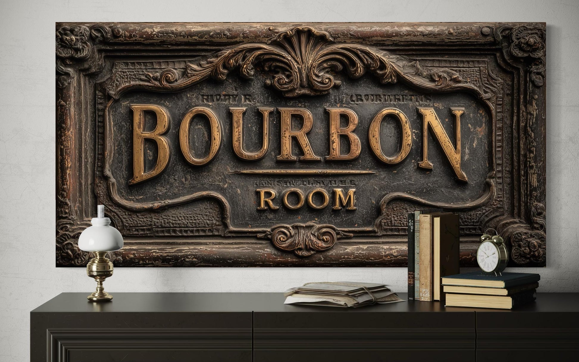 Bourbon Room Wall Art - Whiskey Bar Sign Canvas Print | Rustic Man Cave Decor